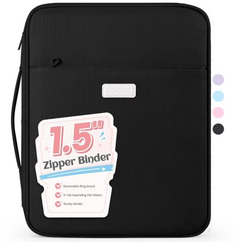 Sooez Zipper Binder Bag, 1.5 Inch Binders 3 Ring O-Ring, 5-Tab Dividers Expanding File Folder, 650-Sheet Capacity Paper Organizer, Cute Organizer Storage for Student School Classroom Supplies, Black - color: Black