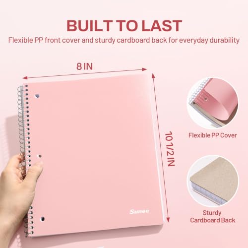 SUNEE Spiral Notebook, 1-Subject, College Ruled Paper, 8" x 10-1/2", 100 Sheets per Notebook, 3-Hole Punched Paper, Water Resistant Cover, Double-sided Pockets, Spiral Lined Notebooks for Work, Pink - color: Pink