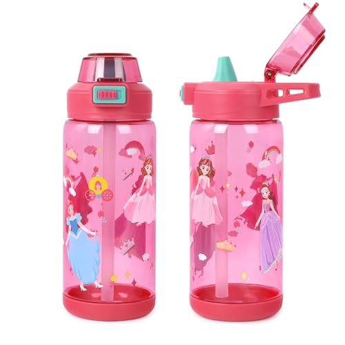 20oz Kids Water Bottle For School or Travel, Leak-Proof & Dishwasher, Durable Plastic Sport Water Bottle With Straw and Handle, Princess - color: Red princess