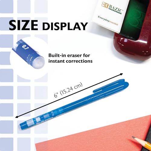 BAZIC PRODUCTS Frizz Blue Erasable Gel Pens, 0.7mm Medium, 2 Count | 0.7 mm medium, Rub-to-erase tip, no white-out, Pocket clip, school, notes