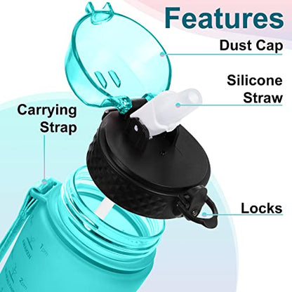 24 OZ Motivational Kids Water Bottle With Time Marker,Straw Lid,Leak Proof, Tritan BPA Free Sports Water Bottle Dark Green Pink (1 Lid) - color: Mint Dark Green Pink