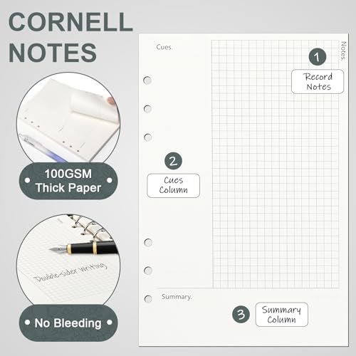 Toplive Cornell A5 Filler Paper, A5 Refill Papers 6 Ring Cornell Notes Loose Leaf Papers, 160 Sheets Refillable Inserts Paper Notes Taking System for Office School College Study - style: 2Pack Cornell Notes