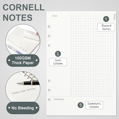 Toplive Cornell A5 Filler Paper, A5 Refill Papers 6 Ring Cornell Notes Loose Leaf Papers, 160 Sheets Refillable Inserts Paper Notes Taking System for Office School College Study - style: 2Pack Cornell Notes