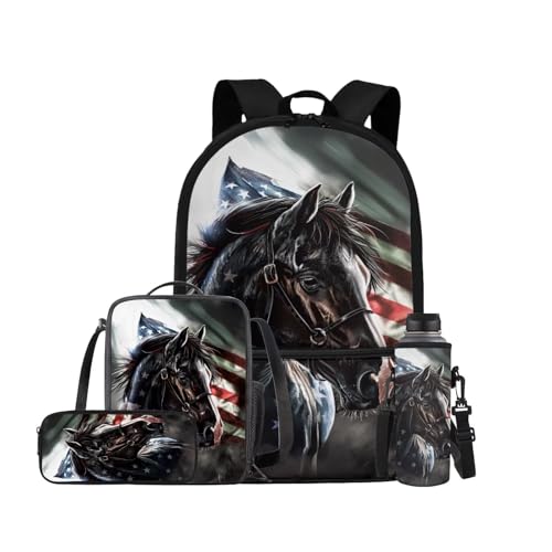 American Flag Horse Backpack for Boys Girls Backpack with Lunch Box Water Bottle Holder with Strap and Pencil Pouch 4PCS Bookbag with Front Pocket for School Teens 17 inch School Bag for Kids - color: American Flag Horse