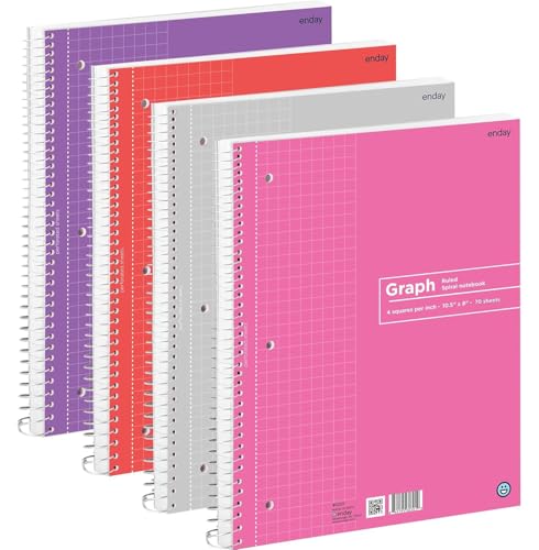 Emraw Graph Paper Notebook (4 Pack) Grid Notebook, Graph paper spiral notebook, Graph notebook, 4 Squares per inch Grid paper notebook, White Paper Quad Ruled Spiral Assorted Colors - by Enday - size: 4 Pack