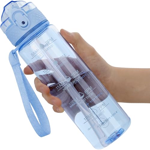 OLDLEY 17oz Kids Water Bottle, Tritan BPA-Free, Leakproof Flip Straw Lid, Motivational Time Marker, Carry Strap, Reusable Clear Water Bottle for Boys & Girls,Baby Blue - color: Baby Blue, style: 17 Ounces