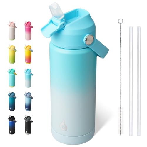 BJPKPK Insulated Water Bottle with Straw Lid, 18oz Thermo Water Bottles with Soft Nozzle, Flex Handle & Non-slip Boot, BPA Free Leak Proof Stainless Steel Metal Thermo, Tumblers, Cups,Sea Salt - color: Sea Salt, size: 18 Ounces