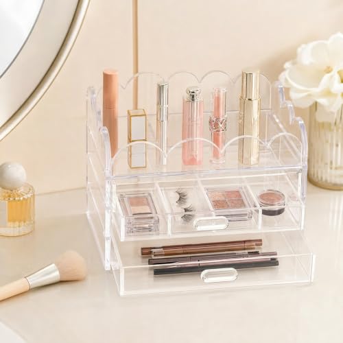 Scalloped Clear Acrylic 2-Drawer Organizer 5" x 5" with Removable 9 Compartment Divider, Storage Case for Sewing Supplies and Small Jewelry