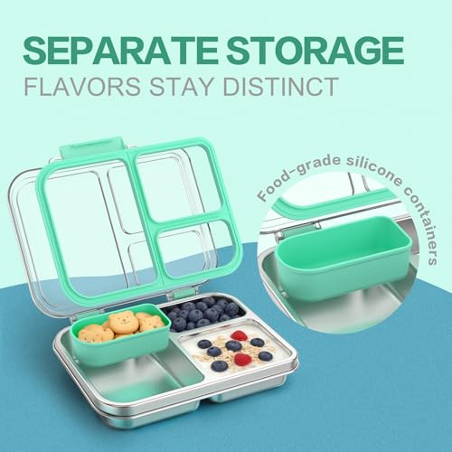 Stainless Steel Bento Box for Kids, 3-Compartment Metal Lunch Box with Clear Lid & Removable Silicone, Lunch Box Kids with Silicone Inner Container for Meal Prep, School, Office (Blue) - color: Blue