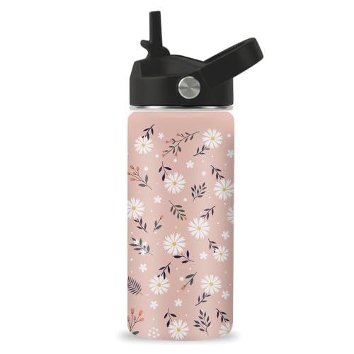 Hiboss Floral Water Bottle for Women Girls, 16oz Kids Water Bottle Stainless Steel Insulated with Straw Lid, Flowers Travel Cup Tumbler for Birthday, School, Sports - color: Flowers