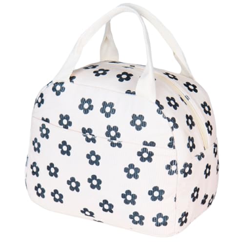 Lunch Bag for Women Men Girl,Large Cute Corduroy Lunch Tote Bags - Reusable Insulated Lunch Box for women with Handle, Leakproof WaterProof Design for Office, School, Work,Picnic. - color: Black-White Flower