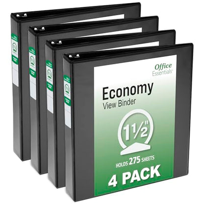 Office Essentials Economy View 3 Ring Binders, 1.5" Round Rings, 2.1" Spine, 275-Sheet Capacity, Black Binders (4-Pack of 03129) - size: 1.5"