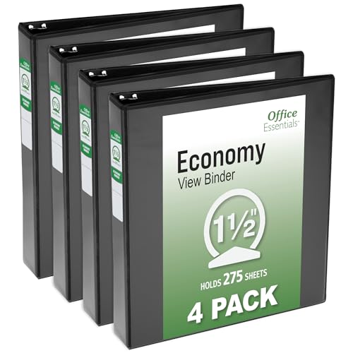 Office Essentials Economy View 3 Ring Binders, 1.5" Round Rings, 2.1" Spine, 275-Sheet Capacity, Black Binders (4-Pack of 03129) - size: 1.5"