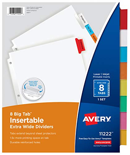 Avery Big Tab Insertable Extra Wide Dividers, 8 Multicolor Tabs, 1 Set (11222) - color: Multicolor, size: 8 tab, style: 1 Set