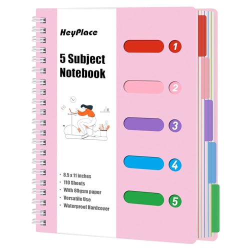 Subject Notebook Wide Ruled, 8.5x11inch Hardcover 5 Subject Lined Spiral Notebook with Dividers Tabs for School Women Journal Note Taking Office Supplies, 220 Pages, Pink - color: Pink