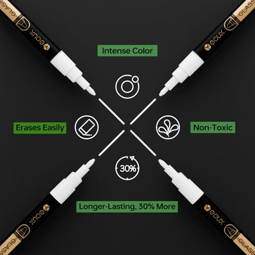 YEOUX Dry Erase Markers for Glass Board, 4 Pack (White) | 1mm Ultra-Fine Tip, Easy Wipe Off, No Residue, Liquid Chalk, Whiteboard Compatible
