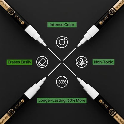 YEOUX Dry Erase Markers for Glass Board, 4 Pack (White) | 1mm Ultra-Fine Tip, Easy Wipe Off, No Residue, Liquid Chalk, Whiteboard Compatible
