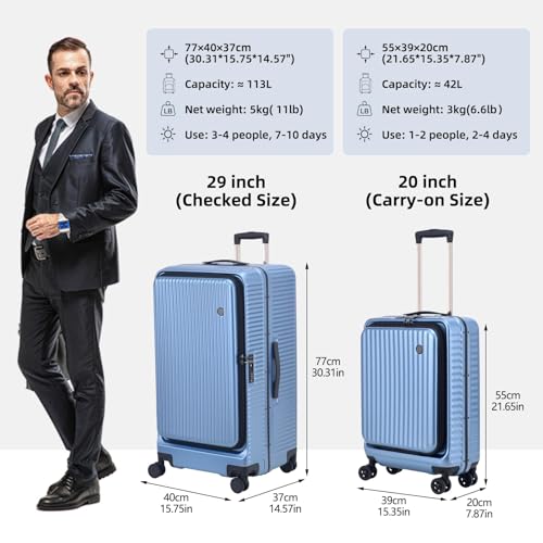Kaleenie 29 Inch Aluminum Checked Luggage with Side Opening Zipper, Lightweight Hardshell ABS+PC Suitcase with TSA Lock, 360° Universal Wheels, Blue - color: Dark Blue, size: 29 Inch