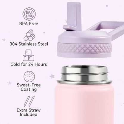 Fijinhom 12 oz Kids Water Bottle, Toddler Water Bottle with Straw, Boys&Girls Bottle for School, 304 Stainless Steel Vacuum Insulated Bottle for Kids, BPA-Free, Leak-Proof, Purple Pink - color: Purple Pink