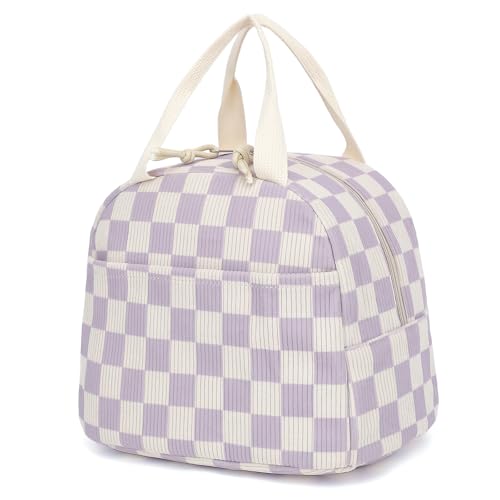 Corduroy Lunch Box for Women Girls, Cooler Lunch Bags Reusable Insulated Lunchbox for Picnic School Work Travel (Checkered Purple) - color: Corduroy Checkered Purple