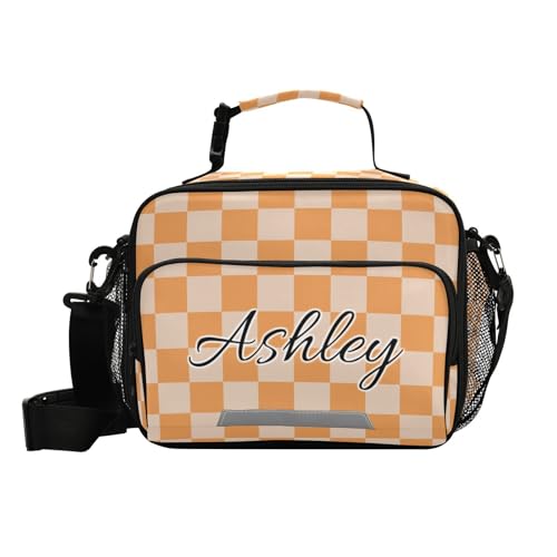Custom Student Lunch Bag for Boys Girls Orange Checkerboard Personalized Lunch Box With Name Insulated Cooler Bag for School Picnic Travel - color: Multi11