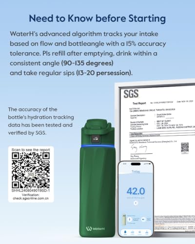 WaterH BOOST Smart Water Bottle Tracker with Reminder to Drink Water, 24oz | BPA-Free Double Wall Vacuum Insulated Stainless Steel, Leakproof, Smart App Tracking, Fits Cup Holders, Wide Mouth for School - color: Emerald Green, size: 24 Ounces