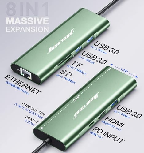 Hiearcool USB C Hub, USB C Dock with Ethernet, 4K@60 HDMI, Green - color: Green