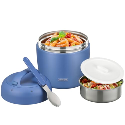 wiwens Thermo Food Jar for Hot Food Adults 32OZ Soup Thermo Lunch Containers Wide Mouth Vacuum Insulated Stainless Steel Leakproof Bento Box with Spoon - color: Blue3