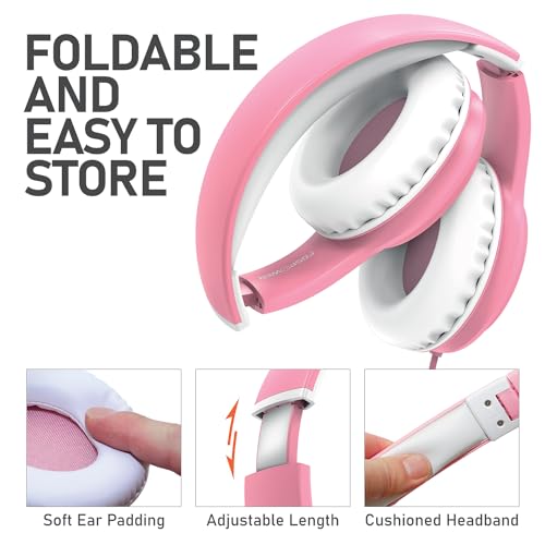 FosPower Kids Headphones with 3.5mm Laced Cables, Children & Teens Over The Ear Foldable Adjustable Headset w/Built-in Mic for Smartphones/PC/Tablet/Laptop/School (Max Volume 85dB) – Pink/White - color: 08 - Pink/White