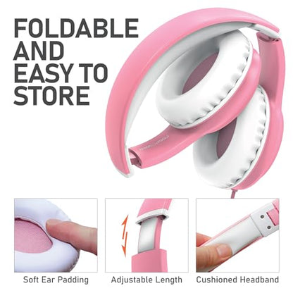 FosPower Kids Headphones with 3.5mm Laced Cables, Children & Teens Over The Ear Foldable Adjustable Headset w/Built-in Mic for Smartphones/PC/Tablet/Laptop/School (Max Volume 85dB) – Pink/White - color: 08 - Pink/White
