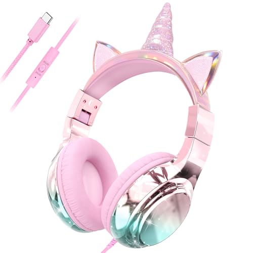 QearFun Kids Unicorn Headphones with USB C for Girls with Microphone, 85/94dB Safe Volume Limiter, Tangle-Free Cord, Share Port, Foldable Sparkly Wired Headset for School, Travel, Tablet, iPad - color: Pink unicorn