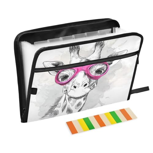 Giraffe Accordion File Organizer Giraffe Expanding Document Folder with 13 Pockets Portable File Folder for A4 Letter Size - color: Giraffe With Goggles