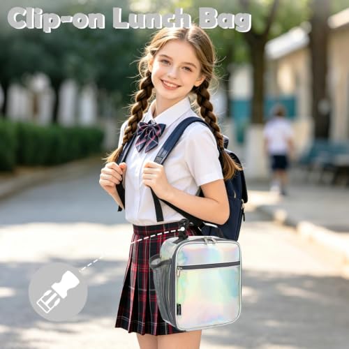 FlowFly Kids Lunch box Insulated Soft Bag Mini Cooler Back to School Thermal Meal Tote Kit for Girls, Boys(Holographic) - color: Holographic