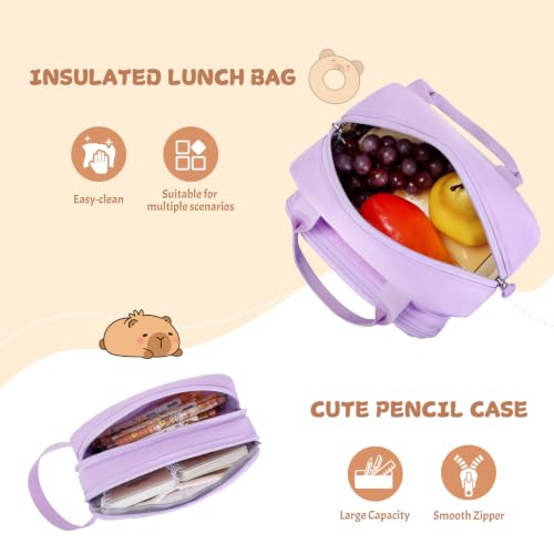 Capybara Rolling Backpack for Girls - 3PCS Girls Backpack Kids Suitcase with Lunch Box & Pencil Case Travel - Capybara Backpack with Wheels for Kindergarten Preschool Elementary (Purple) - color: Purple