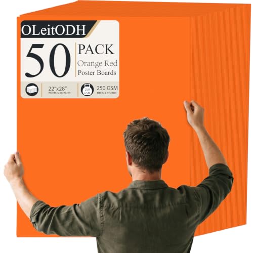 Oleitodh 50 Sheets Orange-Red Poster Board 22 x 28 in, Heavyweight 250 GSM | Solid-colored heavyweight poster board for signs, school projects, vision boards, presentations, and art crafts. - color: Orange Red, size: 22 x 28 Inch - 50 Sheets