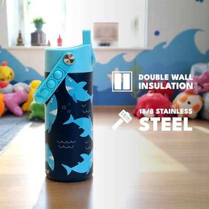 Elemental Insulated Kids Water Bottle, Stainless Steel Water Bottle with Straw Lid & Pop-It Handle, Leak-Proof Water Bottles for School, Boys or Girls, Travelling and Sports, 18oz - Sharks Ahoy - color: Sharks Ahoy