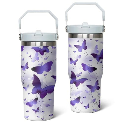 Queen Hero 30oz Butterfly Tumbler with Handle,Large Insulated Tumbler with Flip & Straw Coffee Mug Cup Stainless Steel Gifts for Women Men Youth - color: Purple white
