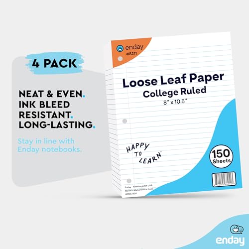 Loose Leaf Paper Notebook Paper, 8" x 10.5" Filler Paper White, 3 Hole Punched Binder Paper for 3 Ring Binders, Lined Paper 150 Sheets Per Pack - By Enday (4 Pack, College Ruled) - size: 4 Pack