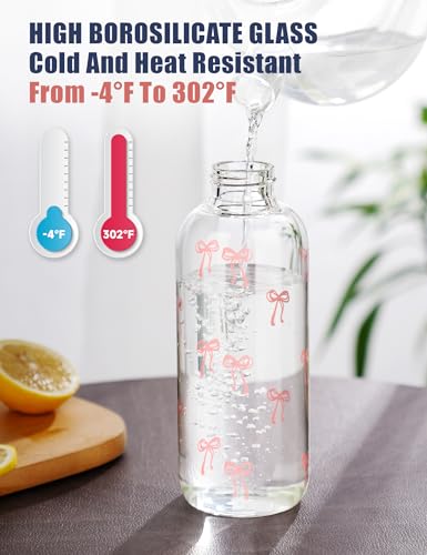 NiHome 25oz/750ml Pink Bow Glass Water Bottle with Silicone Straw, 2 Lids, Cleaning Brush, Borosilicate Glass for Hot and Cold Drinks, Leak-Proof Reusable Bottle for Travel, Gym, Office, School, Home - color: Pink