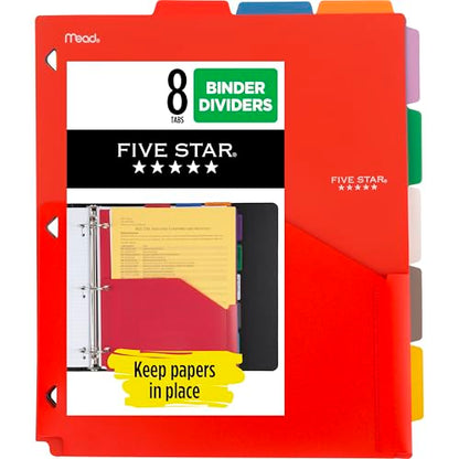 Five Star 8-Tab Binder Pocket Dividers, Plastic Tabbed Divider with Pocket, 9-3/4" x 11", 3-Hole Punched, 8 Count, Assorted Colors (201590)