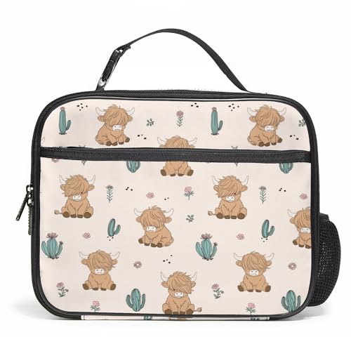 WOBAGMEN Highland Cow Lunch Box for Kids, Cute Insulated Lunch Bag for Boys Girls,Waterproof Lunch Box with Water Bottle Holder for Teens Adults Picnic Travel Back to School (Highland Cow Cactus) - color: Highland Cow Cactus