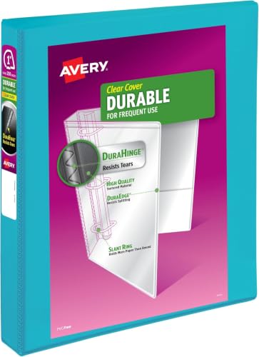 Avery Durable View 3 Ring Binder, 1 Inch Slant Rings, 250-Sheet Capacity, DuraHinge, 1.4 Inch Wide Spine, Customizable Clear Covers and Spine, 1 Bright Aqua Blue Binder (17295) (Pack of 6) - size: 1" (Pack of 6)