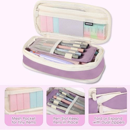 56 PCS Aesthetic School Supplies with Large Pencil Case, 5 Inspirational Ballpoint Pens, 12 Pastel Highlighters, 5 Black Ink Gel Pens, 6 Mechanical Pencils 0.5-0.7mm College Student Essentials(purple) - color: Purple
