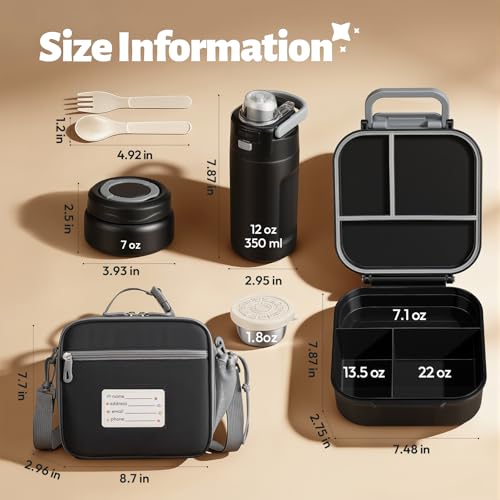Itslife Bento Box for Kids Set, Insulated Food Container,Kids Lunch Box, 7 oz Thermos for Hot Food, 12 oz Thermos Water Bottle, Reusable Insulated Ice Bag & Fork Spoon Utensils Camping Travel Black - color: Black