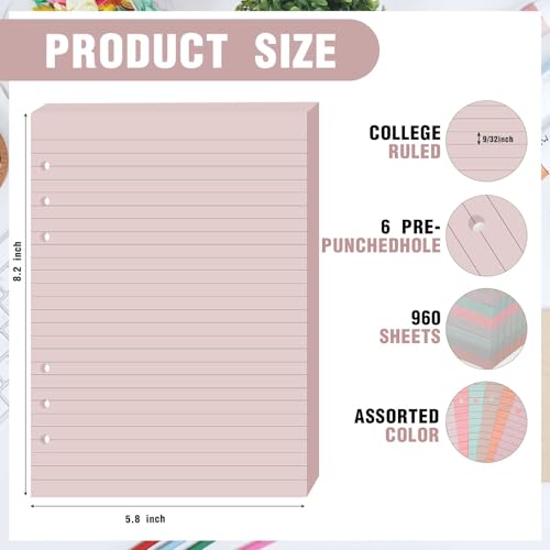 PerKoop 8 Pack Lined Refill Paper A5 Colored 6 Ring Binder Planner Inserts 6 Hole Notebook Refills Paper 8.2 x 5.8 Inch Loose Leaf (Bohemia) - color: Bohemia