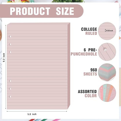 PerKoop 8 Pack Lined Refill Paper A5 Colored 6 Ring Binder Planner Inserts 6 Hole Notebook Refills Paper 8.2 x 5.8 Inch Loose Leaf (Bohemia) - color: Bohemia