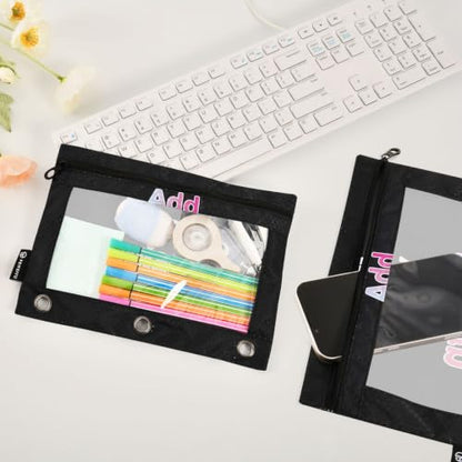 Personalized Binder Pencil Pouch 3 Ring Custom DIY Name Photo Zipper Pencil Pouches Case Customized Cosmetic Bags with Clear Window Organizer for School Office, 2 Pack - color: Custom