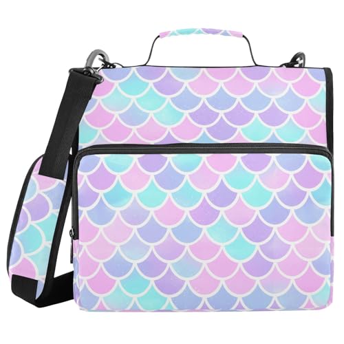Mermaid Blue Pink Pattern 3 Ring Zipper Binder with Shoulder Strap & Handle 1.5 Inch D-Ring Zippered Bag with Pencil Pouch,Expanding File Folder, Binder Organizer for School or Office - color: Mermaid Scales Blue Pink