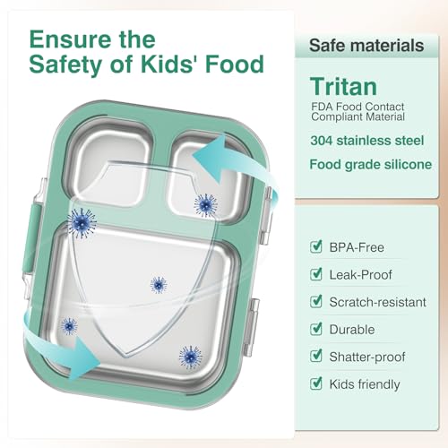 HOMEKOL Stainless Steel Bento Lunch Box, Green, 3.3Cups | 3-Compartment,Leak-Proof, for Kids & Adults, BPA-Free, Dishwasher Safe, Clear Tritan Lid, 800ml (Not Insulated) - color: Green, size: 27oz (800ml)