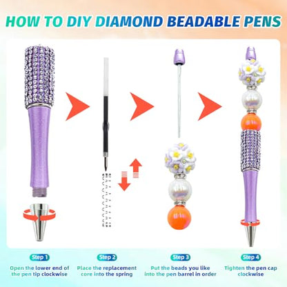 75 Pcs DIY Diamond Beadable Pen Kit - 25 Plastic Rhinestone Beaded Pens Bulk with Refills & Bags - Fancy Cute Glitter Pens for Crafting, Students & Teachers – School Supplies (Purple) - color: Purple, size: 25